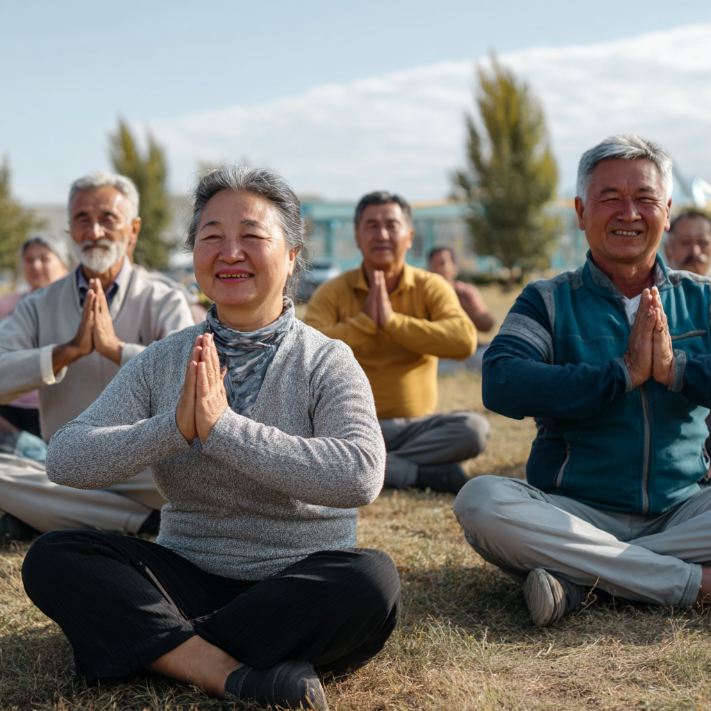 Smiling middle-aged Kazakh woman in comfortable yoga attire sitting in meditation pose on a yoga mat in a peaceful indoor setting with soft natural lighting