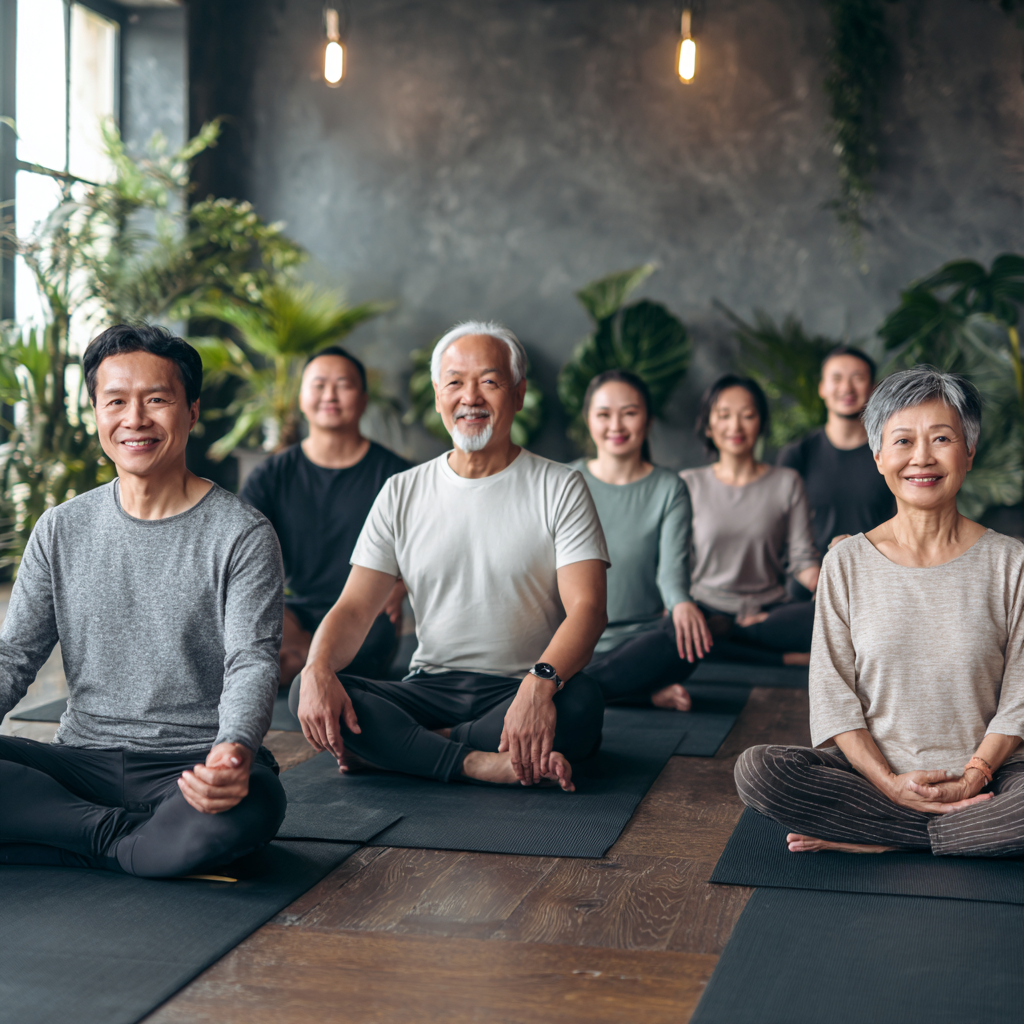 Group of diverse Kazakh adults of different ages practicing yoga together in a bright studio, showing various poses that demonstrate flexibility and strength