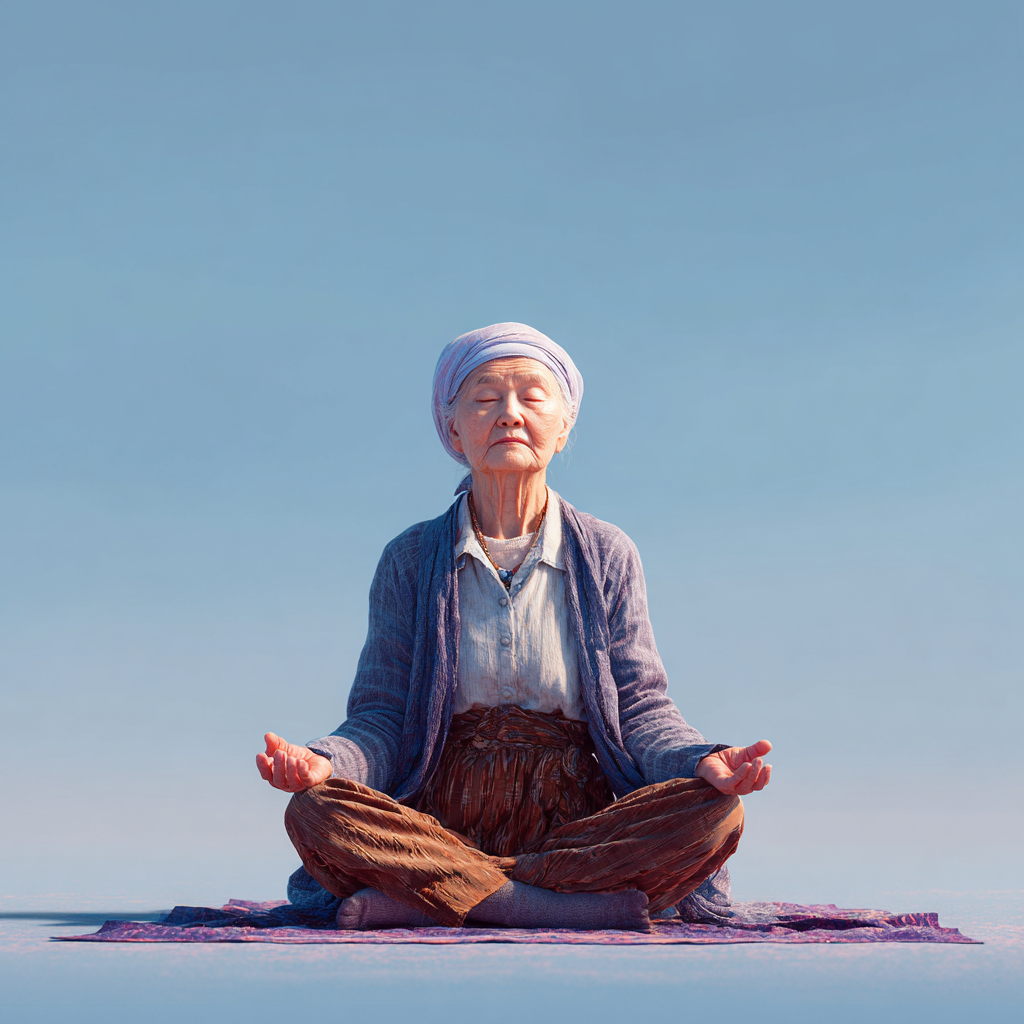 Elderly Kazakh man and woman in their 60s practicing gentle yoga poses outdoors in a serene natural setting, demonstrating balance and mindful movement